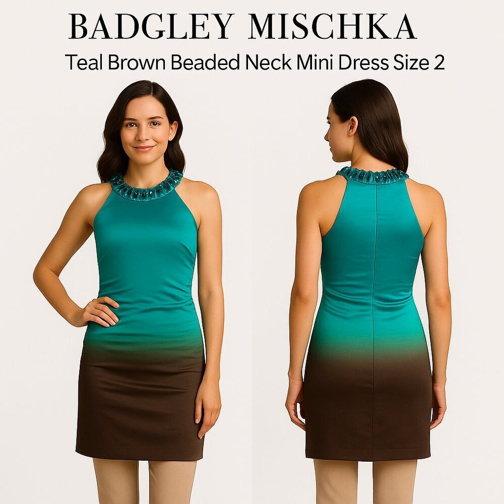 Badgley Mischka Teal Brown Beaded Neck Mini Dress Size 2